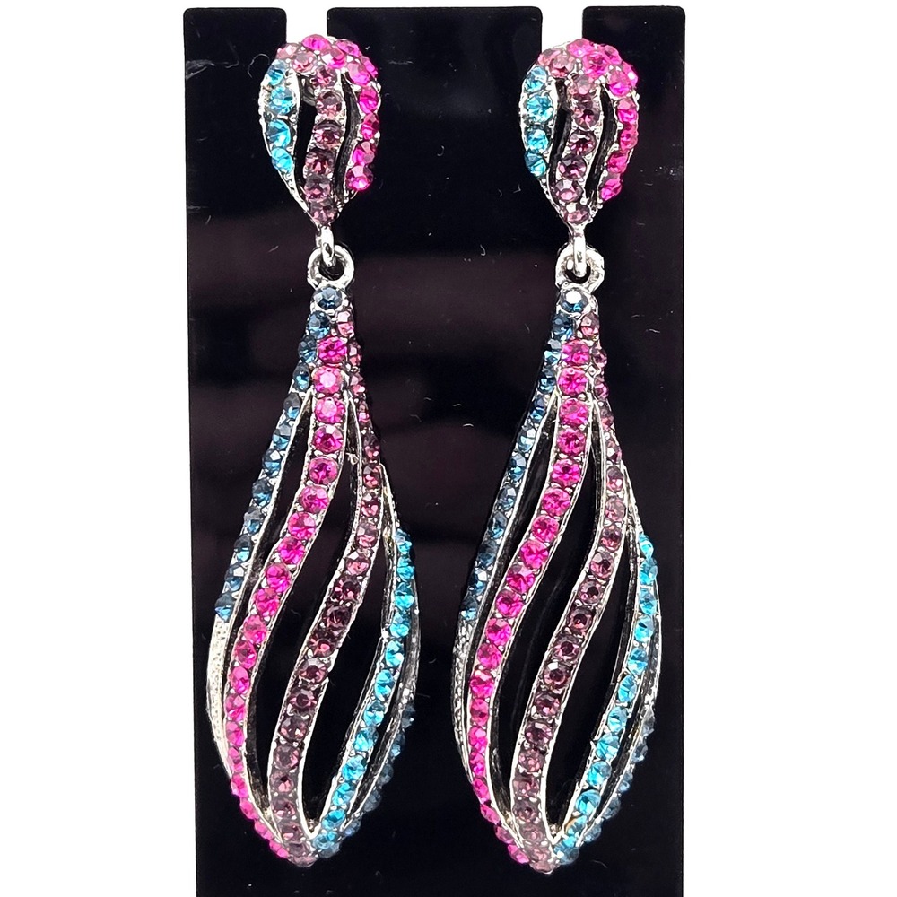 Pink Teal Purple‎ Rhinestone Earrings Silver Tone Openwork Glam Teardrop Dangle